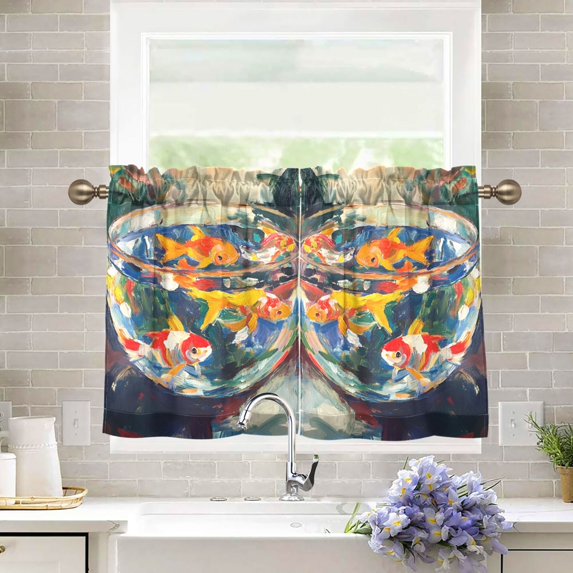 Yayeee Kitchen Curtains Tier Pair Light Filtering 27"x36" Rod Pocket Short Cafe Window Panel, Colorful Goldfish