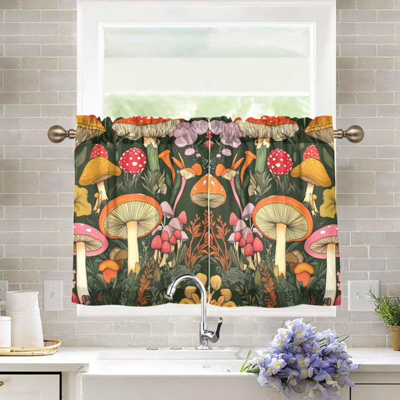 Yayeee Kitchen Curtains Tier Pair Light Filtering 27"x36" Rod Pocket Short Cafe Window Panel, Colorful Mushroom