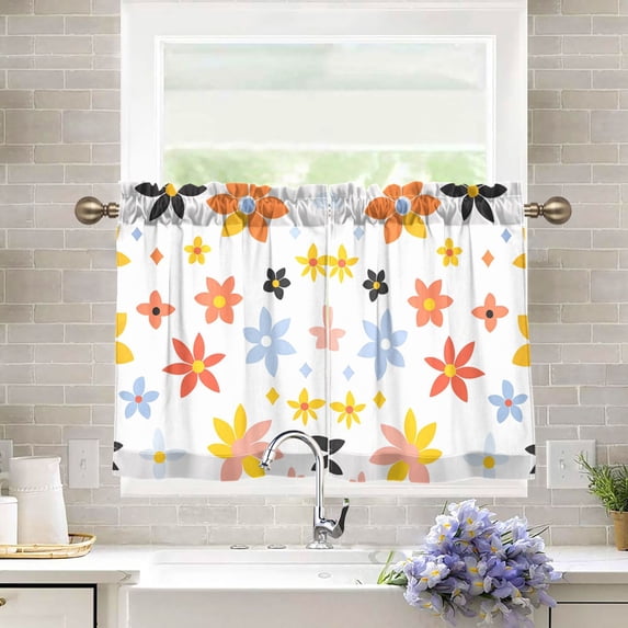 Yayeee Kitchen Curtains Tier Pair Light Filtering 27"x36" Rod Pocket Short Cafe Window Panel, Colorful Retro Floral