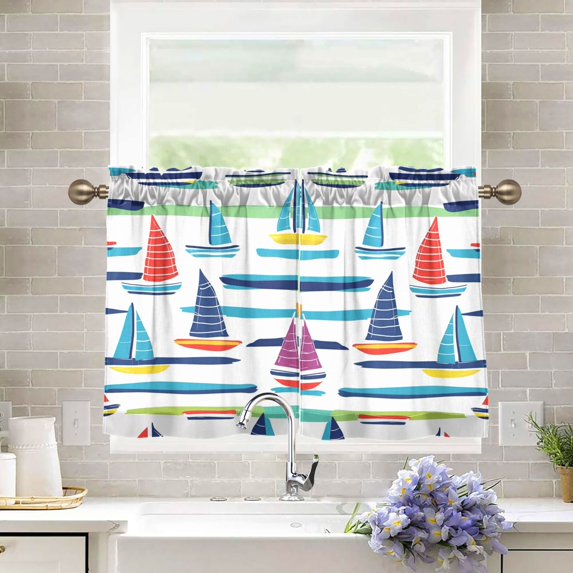 Yayeee Kitchen Curtains Tier Pair Light Filtering 27"x36" Rod Pocket Short Cafe Window Panel, Colorful Sailboats
