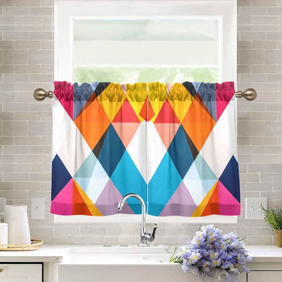 Yayeee Kitchen Curtains Tier Pair Light Filtering 27"x36" Rod Pocket Short Cafe Window Panel, Colorful Triangles