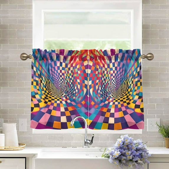 Yayeee Kitchen Curtains Tier Pair Light Filtering 27"x36" Rod Pocket Short Cafe Window Panel, Colorful Wavy Plaid