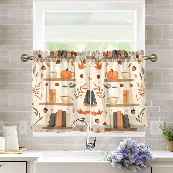 Yayeee Kitchen Curtains Tier Pair Light Filtering 27"x36" Rod Pocket Short Cafe Window Panel, Fall Book Shelf