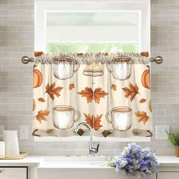 Yayeee Kitchen Curtains Tier Pair Light Filtering 27"x36" Rod Pocket Short Cafe Window Panel, Fall Mug Pattern