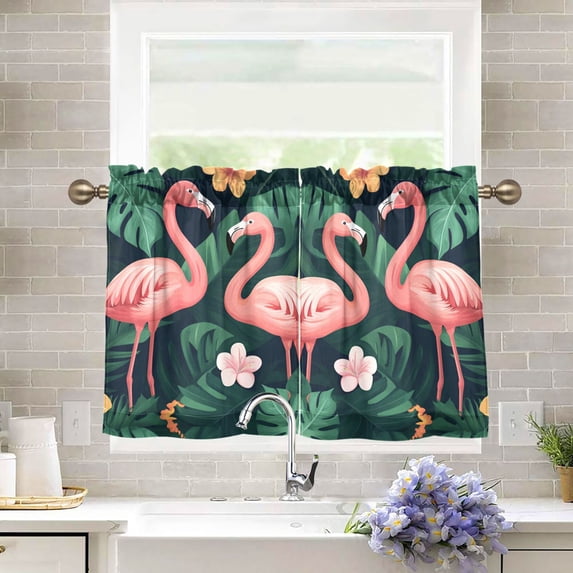Yayeee Kitchen Curtains Tier Pair Light Filtering 27"x36" Rod Pocket Short Cafe Window Panel, Flamingo Leaves Pattern