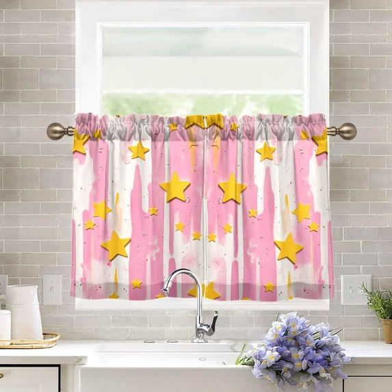 Yayeee Kitchen Curtains Light Filtering 27"x36" Rod Pocket Short Cafe Window Panel, Flat Yellow Stars