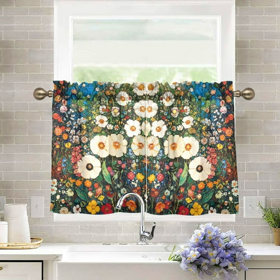 Yayeee Kitchen Curtains Light Filtering 27"x36" Rod Pocket Short Cafe Window Panel, Floral Garden