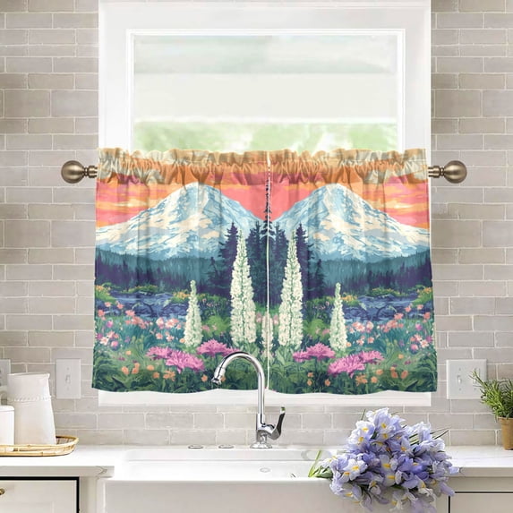 Yayeee Kitchen Curtains Tier Pair Light Filtering 27"x36" Rod Pocket Short Cafe Window Panel, Floral Mountain