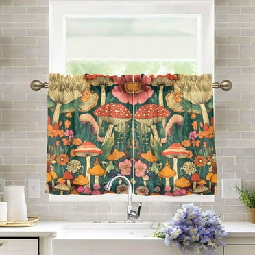 Yayeee Kitchen Curtains Light Filtering 27"x36" Rod Pocket Short Cafe Window Panel, Floral Mushroom