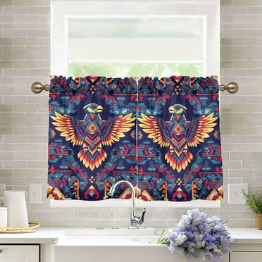 Yayeee Kitchen Curtains Light Filtering 27"x36" Rod Pocket Short Cafe Window Panel, Geometric Eagle