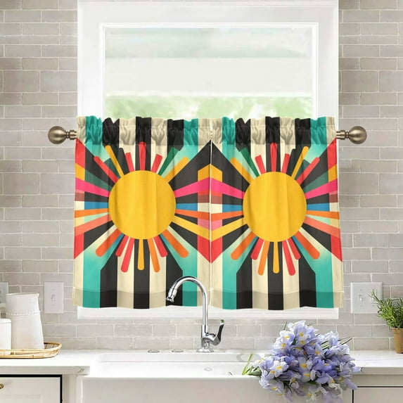 Yayeee Kitchen Curtains Tier Pair Light Filtering 27"x36" Rod Pocket Short Cafe Window Panel, Geometric Sun