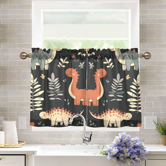 Yayeee Kitchen Curtains Tier Pair Light Filtering 27"x36" Rod Pocket Short Cafe Window Panel, Gray Dinosaur