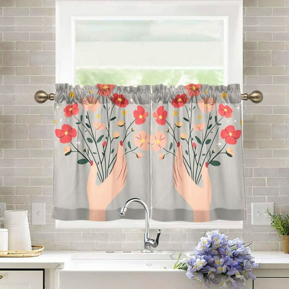 Yayeee Kitchen Curtains Light Filtering 27"x36" Rod Pocket Short Cafe Window Panel, Gray Flower