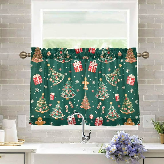Yayeee Kitchen Curtains Light Filtering 27"x36" Rod Pocket Short Cafe Window Panel, Green Christmas Gingerbread