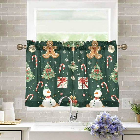 Yayeee Kitchen Curtains Light Filtering 27"x36" Rod Pocket Short Cafe Window Panel, Green Christmas Trees