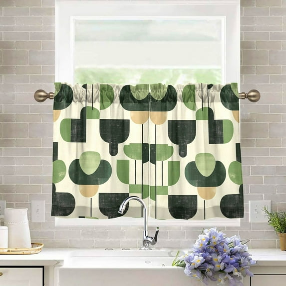 Yayeee Kitchen Curtains Tier Pair Light Filtering 27"x36" Rod Pocket Short Cafe Window Panel, Green Circle