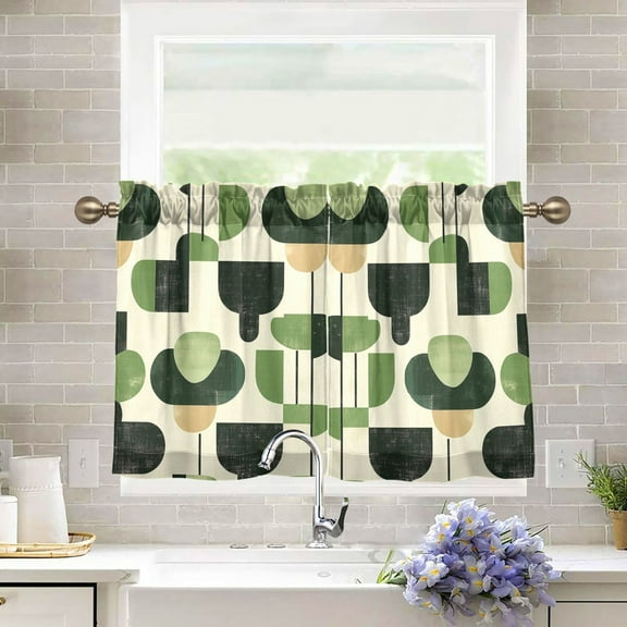 Yayeee Kitchen Curtains Tier Pair Light Filtering 27"x36" Rod Pocket Short Cafe Window Panel, Green Circle
