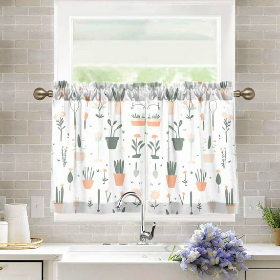 Yayeee Kitchen Curtains Tier Pair Light Filtering 27"x36" Rod Pocket Short Cafe Window Panel, Green Garden Pattern