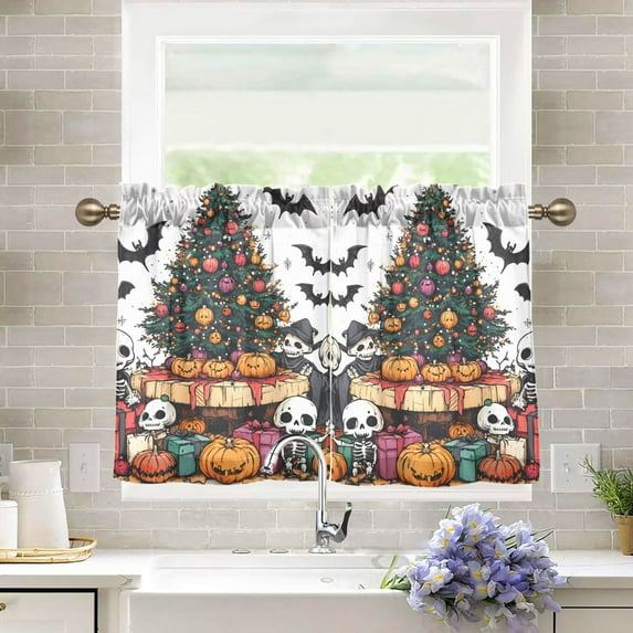 Yayeee Kitchen Curtains Light Filtering 27"x36" Rod Pocket Short Cafe Window Panel, Green Halloween Trees