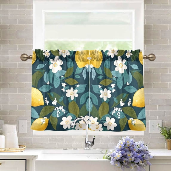 Yayeee Kitchen Curtains Tier Pair Light Filtering 27"x36" Rod Pocket Short Cafe Window Panel, Green Lemon Leaves