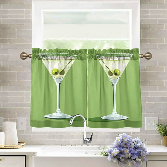 Yayeee Kitchen Curtains Tier Pair Light Filtering 27"x36" Rod Pocket Short Cafe Window Panel, Green Martini Glass