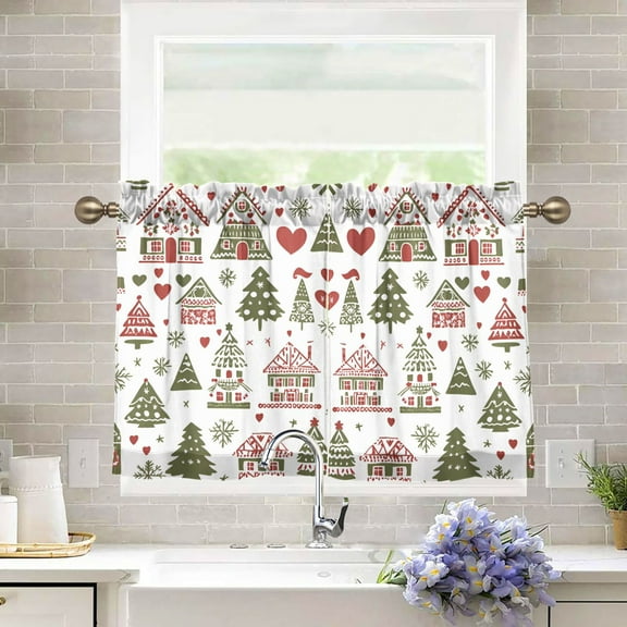 Yayeee Kitchen Curtains Light Filtering 27"x36" Rod Pocket Short Cafe Window Panel, Green Nordic Christmas