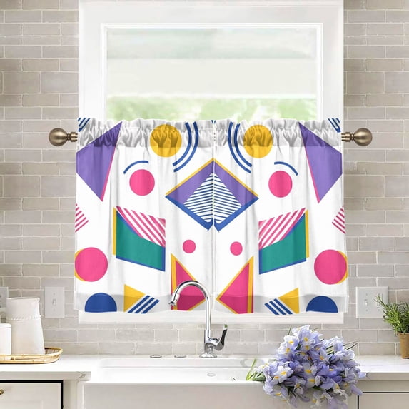 Yayeee Kitchen Curtains Tier Pair Light Filtering 27"x36" Rod Pocket Short Cafe Window Panel, Green Retro Shapes