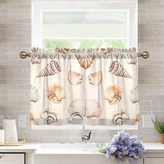 Yayeee Kitchen Curtains Tier Pair Light Filtering 27"x36" Rod Pocket Short Cafe Window Panel, Green Watercolor Seashells