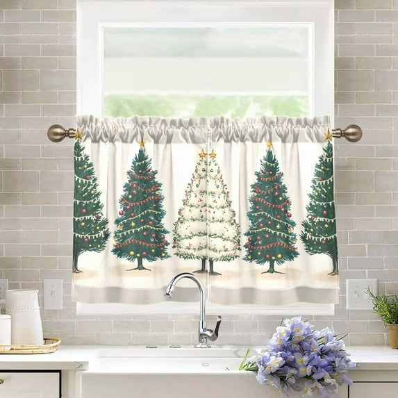 Yayeee Kitchen Curtains Light Filtering 27"x36" Rod Pocket Short Cafe Window Panel, Hand Drawn Christmas