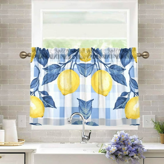 Yayeee Kitchen Curtains Tier Pair Light Filtering 27"x36" Rod Pocket Short Cafe Window Panel, Light Blue Lemon