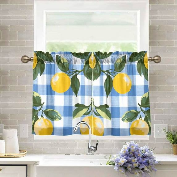 Yayeee Kitchen Curtains Tier Pair Light Filtering 27"x36" Rod Pocket Short Cafe Window Panel, Light Blue Plaid