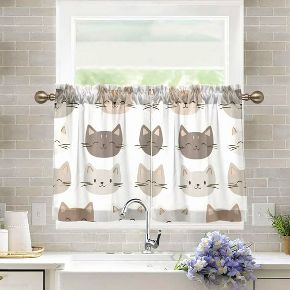 Yayeee Kitchen Curtains Tier Pair Light Filtering 27"x36" Rod Pocket Short Cafe Window Panel, Light Gray Cat Pattern