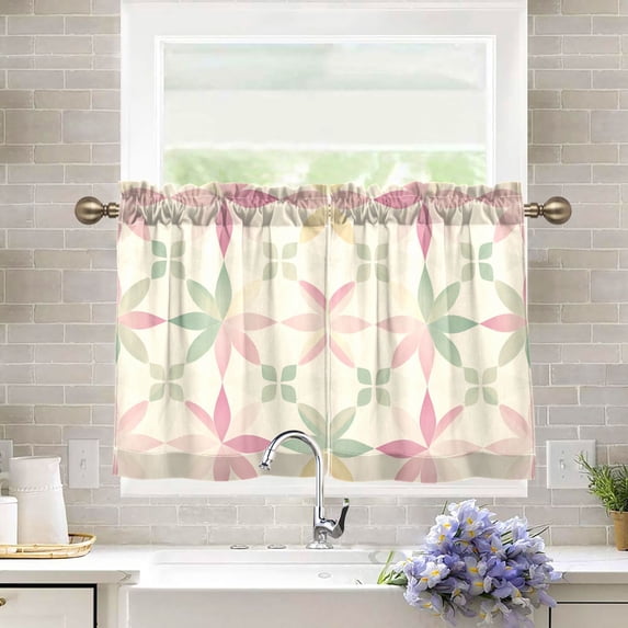 Yayeee Kitchen Curtains Tier Pair Light Filtering 27"x36" Rod Pocket Short Cafe Window Panel, Light Pink Geometric