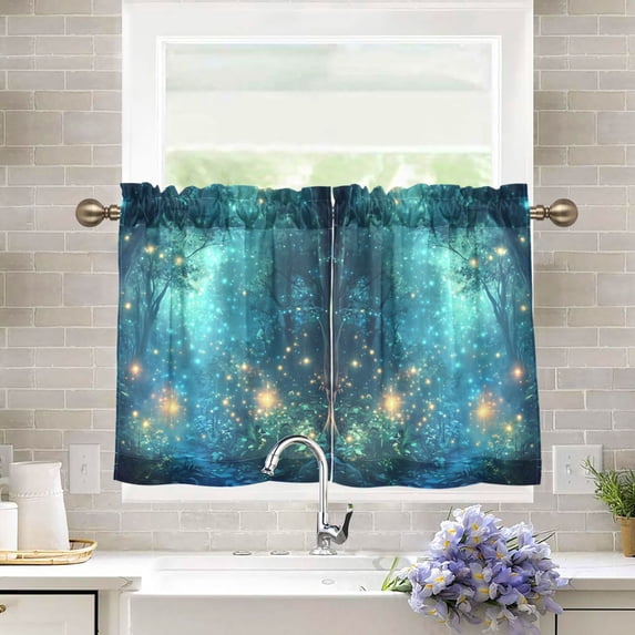 Yayeee Kitchen Curtains Tier Pair Light Filtering 27"x36" Rod Pocket Short Cafe Window Panel, Magical Forest Glowing Lights
