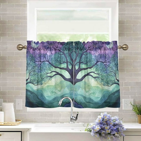 Yayeee Kitchen Curtains Tier Pair Light Filtering 27"x36" Rod Pocket Short Cafe Window Panel, Moonlight Forest