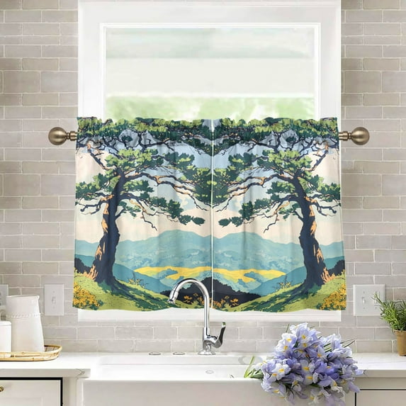 Yayeee Kitchen Curtains Tier Pair Light Filtering 27"x36" Rod Pocket Short Cafe Window Panel, Mounatin at Dawn