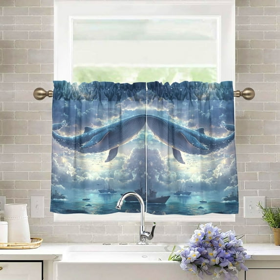 Yayeee Kitchen Curtains Light Filtering 27"x36" Rod Pocket Short Cafe Window Panel, Night Floating Whale