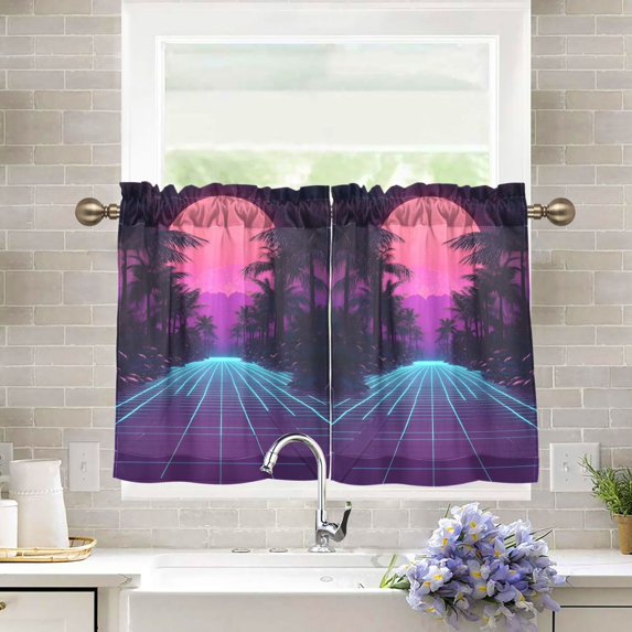 Yayeee Kitchen Curtains Tier Pair Light Filtering 27"x36" Rod Pocket Short Cafe Window Panel, Night Neon Road