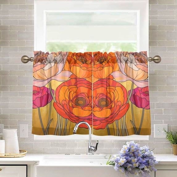 Yayeee Kitchen Curtains Tier Pair Light Filtering 27"x36" Rod Pocket Short Cafe Window Panel, Orange Abstract Floral