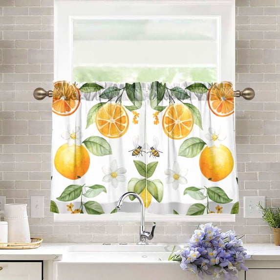 Yayeee Kitchen Curtains Tier Pair Light Filtering 27"x36" Rod Pocket Short Cafe Window Panel, Orange Bees