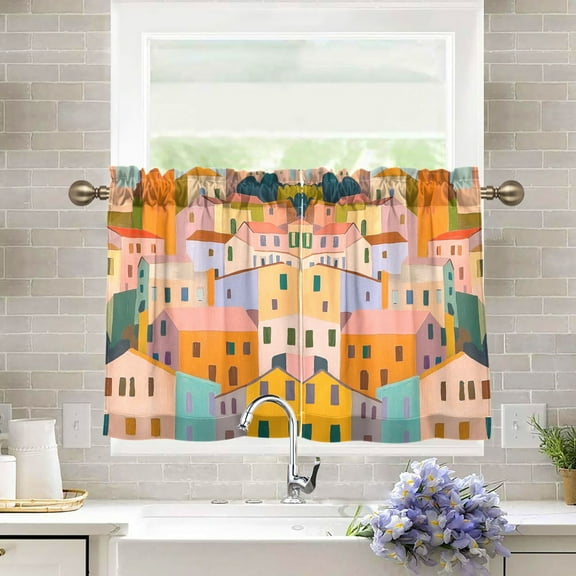 Yayeee Kitchen Curtains Tier Pair Light Filtering 27"x36" Rod Pocket Short Cafe Window Panel, Orange Cityscape Painting