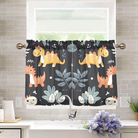 Yayeee Kitchen Curtains Tier Pair Light Filtering 27"x36" Rod Pocket Short Cafe Window Panel, Orange Dinosaur