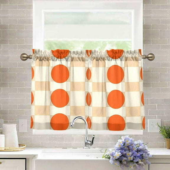 Yayeee Kitchen Curtains Tier Pair Light Filtering 27"x36" Rod Pocket Short Cafe Window Panel, Orange Geometric Circles