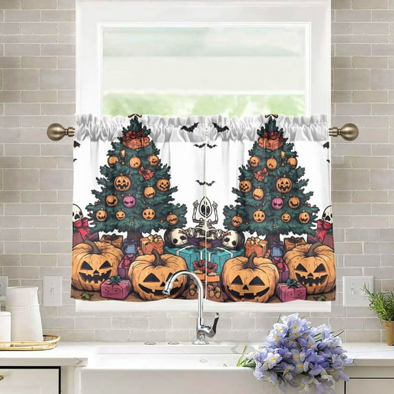 Yayeee Kitchen Curtains Tier Pair Light Filtering 27"x36" Rod Pocket Short Cafe Window Panel, Orange Halloween Trees