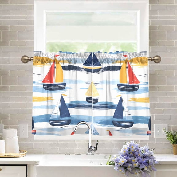 Yayeee Kitchen Curtains Light Filtering 27"x36" Rod Pocket Short Cafe Window Panel, Orange Hand Drawn Sailboats