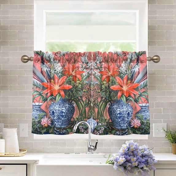 Yayeee Kitchen Curtains Tier Pair Light Filtering 27"x36" Rod Pocket Short Cafe Window Panel, Orange Vibrant Flowers
