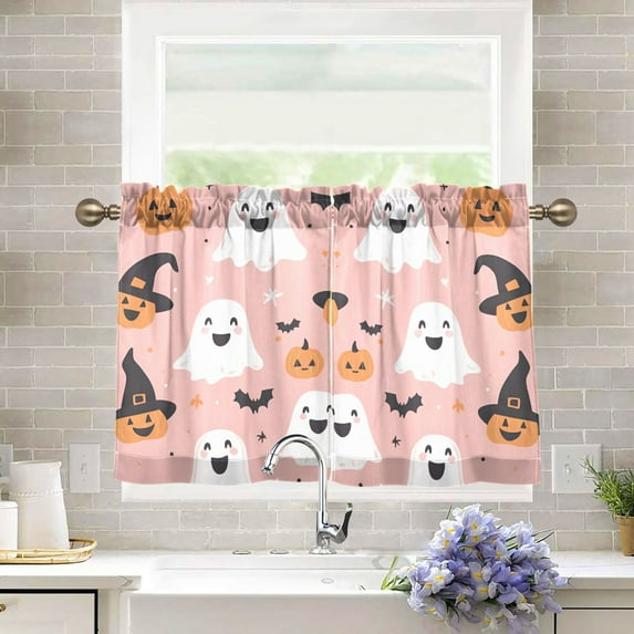 Yayeee Kitchen Curtains Tier Pair Light Filtering 27"x36" Rod Pocket Short Cafe Window Panel, Pastel Pink Halloween