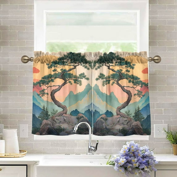 Yayeee Kitchen Curtains Tier Pair Light Filtering 27"x36" Rod Pocket Short Cafe Window Panel, Pine Tree at Dawn