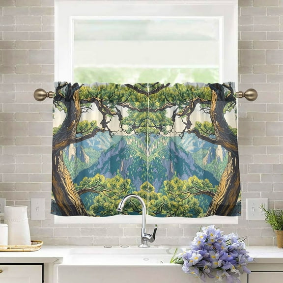 Yayeee Kitchen Curtains Tier Pair Light Filtering 27"x36" Rod Pocket Short Cafe Window Panel, Pine Tree