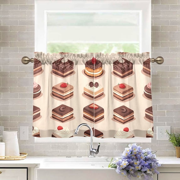 Yayeee Kitchen Curtains Tier Pair Light Filtering 27"x36" Rod Pocket Short Cafe Window Panel, Pink Cakes